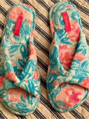 Lilly Pulitzer Terry Velour Spa Slippers Bondi Blue My Little Peony Size 9/10